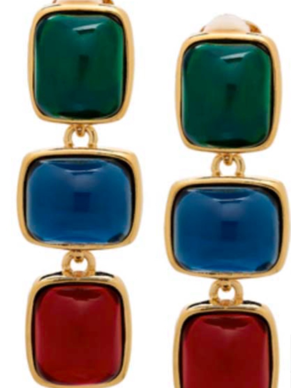 EARRINGS, KENNETH JAY LANE JEWEL DANGLE, FAUX GOLD, GREEN/BLUE/RED, 2 SHAPES,